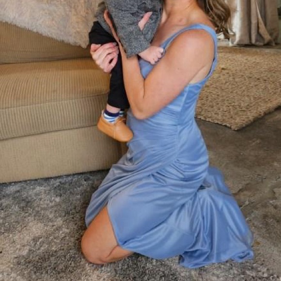 Azazie Leandra Dusty Blue Mermaid V-Neck Pleated Mesh Dress - Picture 5 of 5